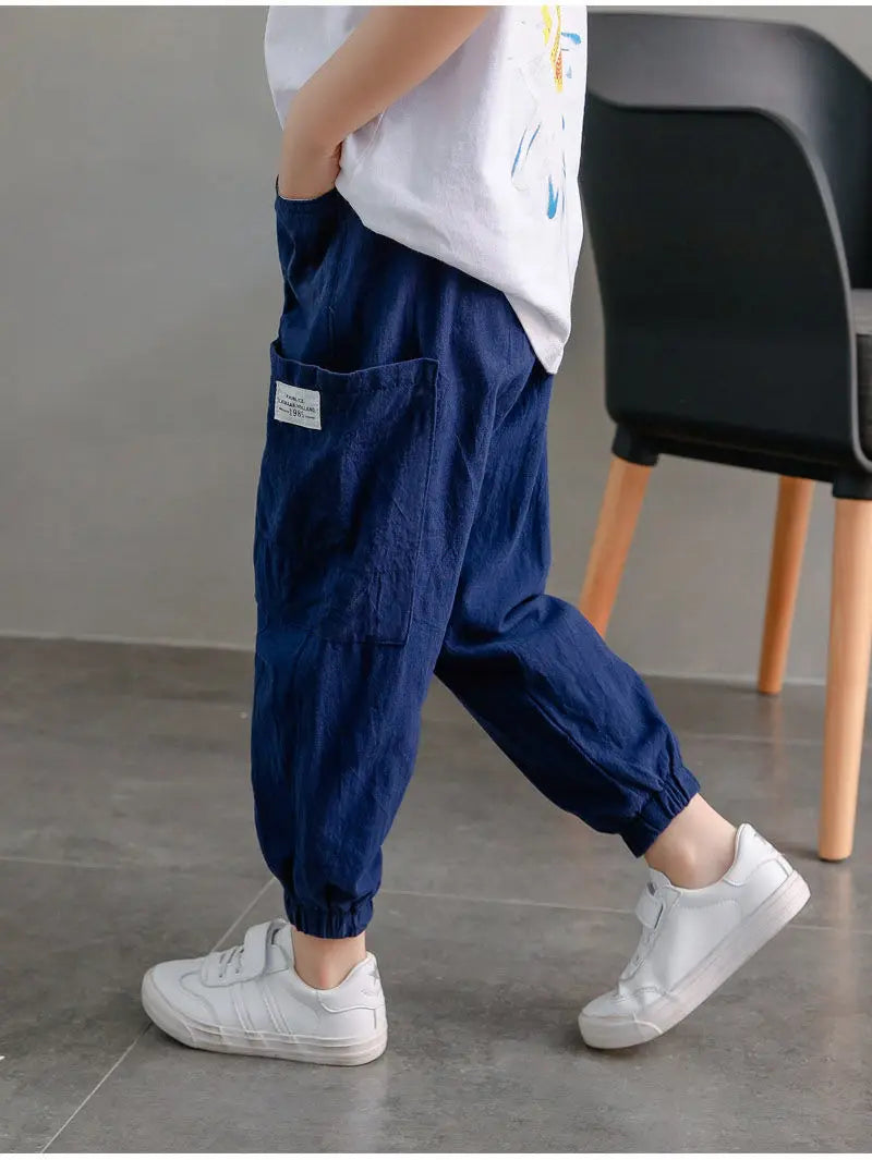 Kids’ Cotton-Linen Harem Pants – Breathable Cargo Joggers