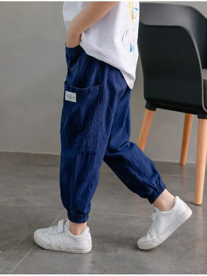 Kids’ Cotton-Linen Harem Pants – Breathable Cargo Joggers