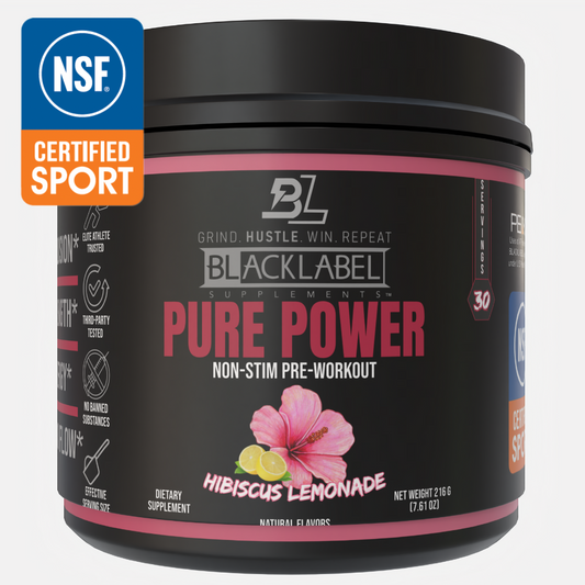 BlackLabel Supplements Pure Power pre-workout supplement container with NSF certification logo on a white background