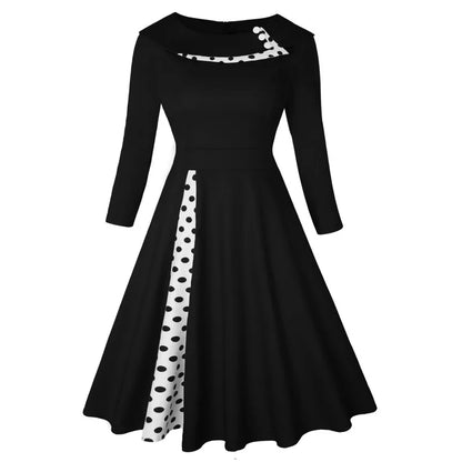 Vintage Polka-Dot A-Line Midi Dress – Long Sleeve, Button Patchwork (S–3XL)