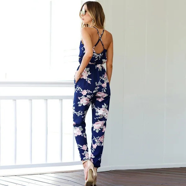 Women’s Floral Slim-Leg Jumpsuit – Backless, Sleeveless V-Neck