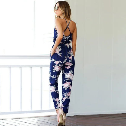 Women’s Floral Slim-Leg Jumpsuit – Backless, Sleeveless V-Neck