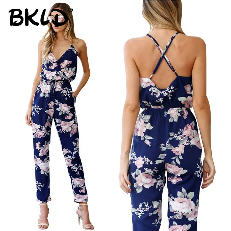 Women’s Floral Slim-Leg Jumpsuit – Backless, Sleeveless V-Neck