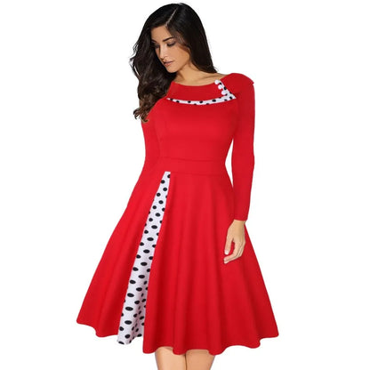 Vintage Polka-Dot A-Line Midi Dress – Long Sleeve, Button Patchwork (S–3XL)