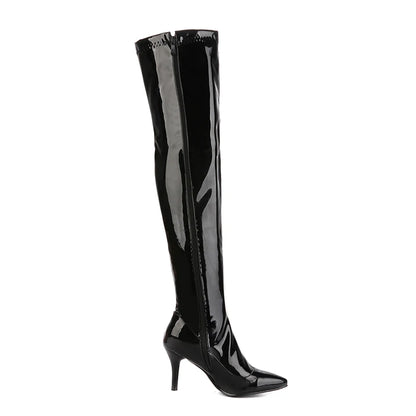 Women’s Over-the-Knee Patent Boots – Pointed Toe, Side-Zip, Stiletto Heel