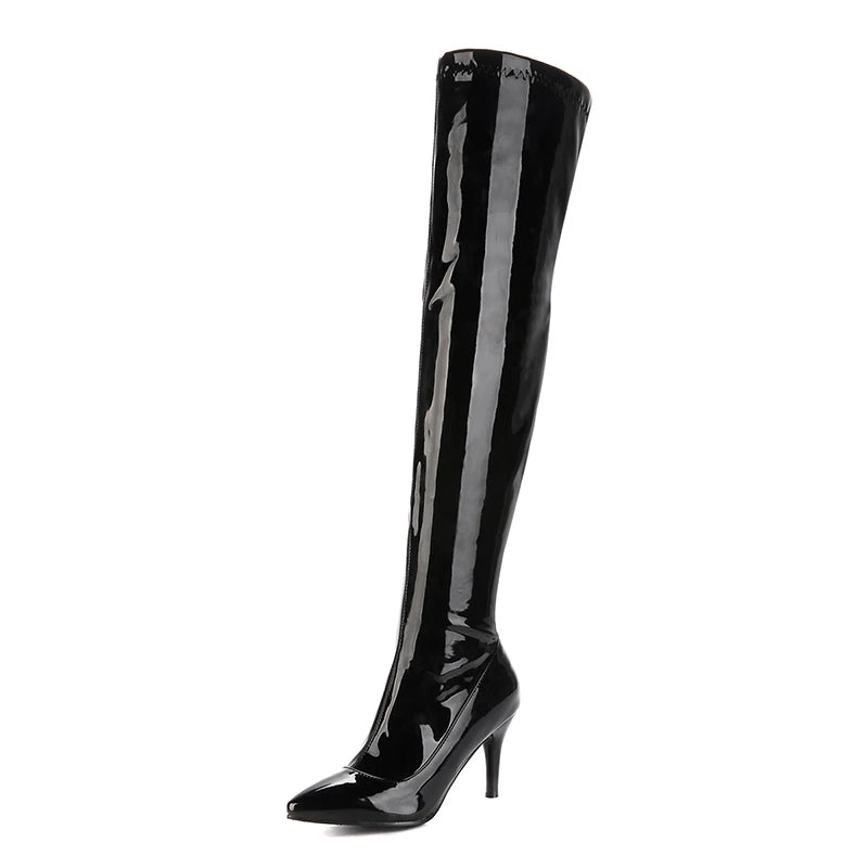 Women’s Over-the-Knee Patent Boots – Pointed Toe, Side-Zip, Stiletto Heel