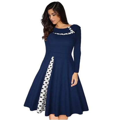 Vintage Polka-Dot A-Line Midi Dress – Long Sleeve, Button Patchwork (S–3XL)