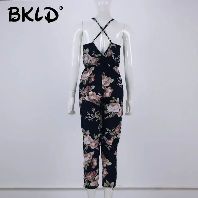 Women’s Floral Slim-Leg Jumpsuit – Backless, Sleeveless V-Neck