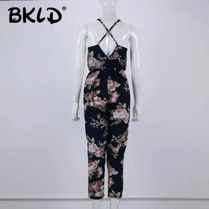 Women’s Floral Slim-Leg Jumpsuit – Backless, Sleeveless V-Neck