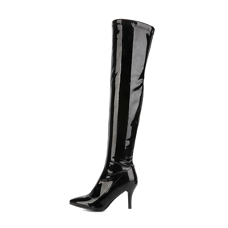 Women’s Over-the-Knee Patent Boots – Pointed Toe, Side-Zip, Stiletto Heel