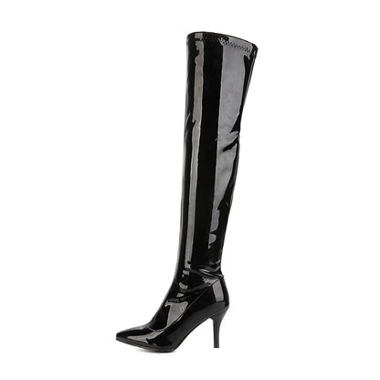 Women’s Over-the-Knee Patent Boots – Pointed Toe, Side-Zip, Stiletto Heel