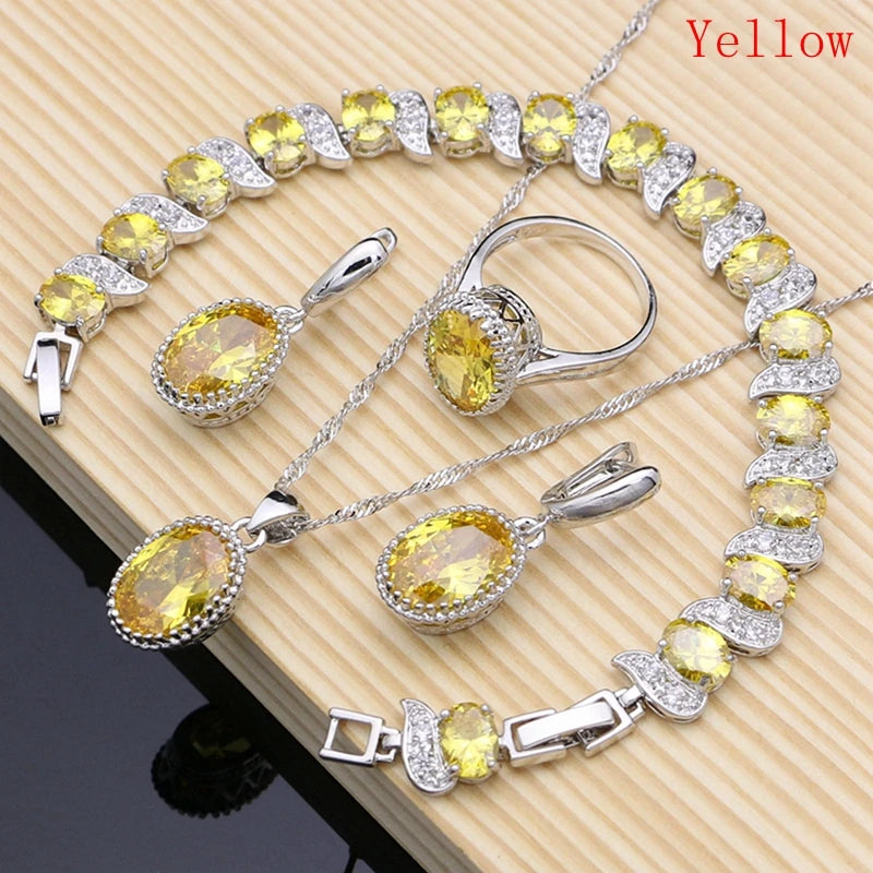Women’s Sterling Silver Zircon Jewelry Set – Necklace, Earrings, Bracelet & Ring
