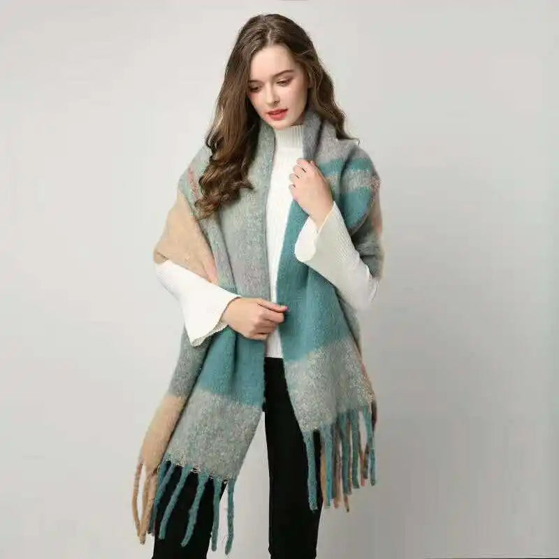 Women’s Plaid Winter Scarf – Soft Warm Tassel Shawl Wrap, Oversized