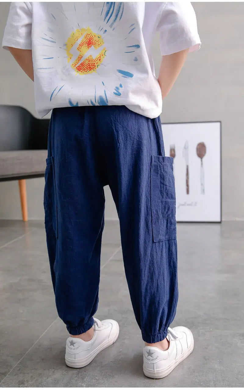 Kids’ Cotton-Linen Harem Pants – Breathable Cargo Joggers