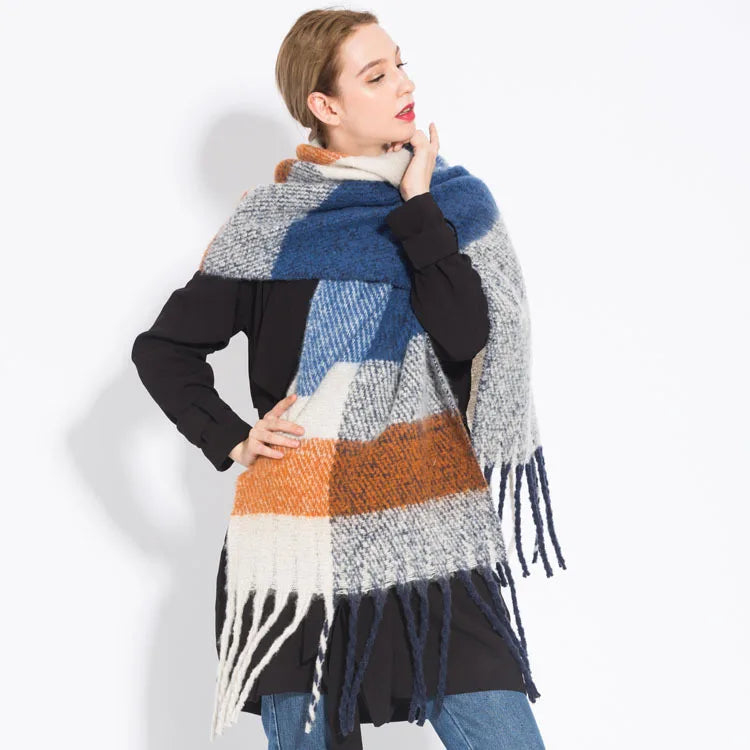 Women’s Plaid Winter Scarf – Soft Warm Tassel Shawl Wrap, Oversized