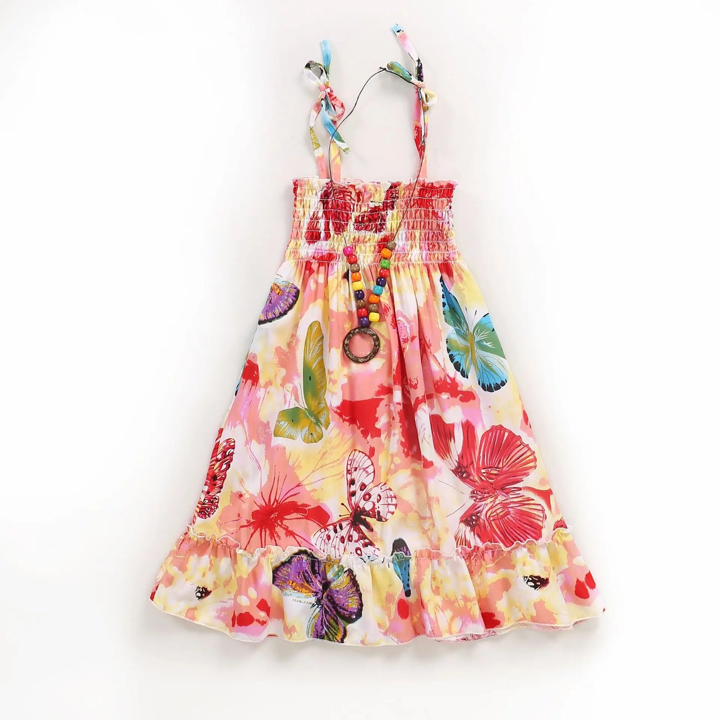 Girls’ Cotton Boho Sundress with Necklace – Sleeveless, Printed