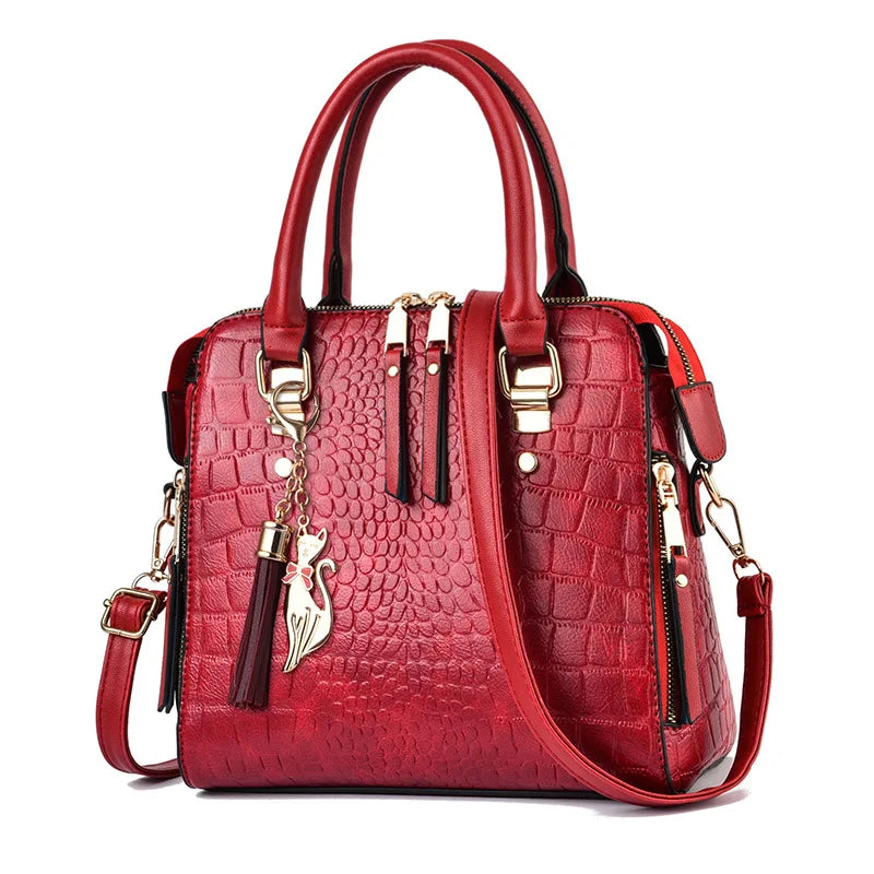 Women’s Croc-Pattern Faux Leather Shoulder Bag – Tassel Detail Handbag