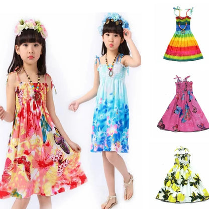 Girls’ Cotton Boho Sundress with Necklace – Sleeveless, Printed