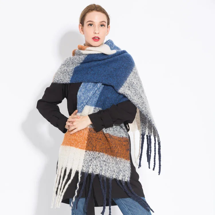 Women’s Plaid Winter Scarf – Soft Warm Tassel Shawl Wrap, Oversized
