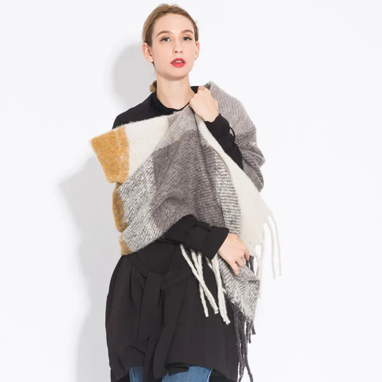 Women’s Plaid Winter Scarf – Soft Warm Tassel Shawl Wrap, Oversized