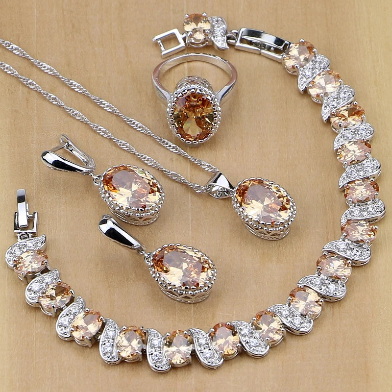 Women’s Sterling Silver Zircon Jewelry Set – Necklace, Earrings, Bracelet & Ring