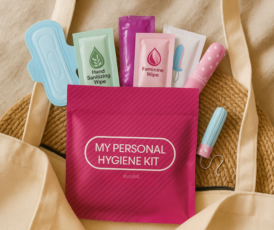 Personal hygiene kit with various items including a pink bag labeled 'My Personal Hygiene Kit' on a beige background.