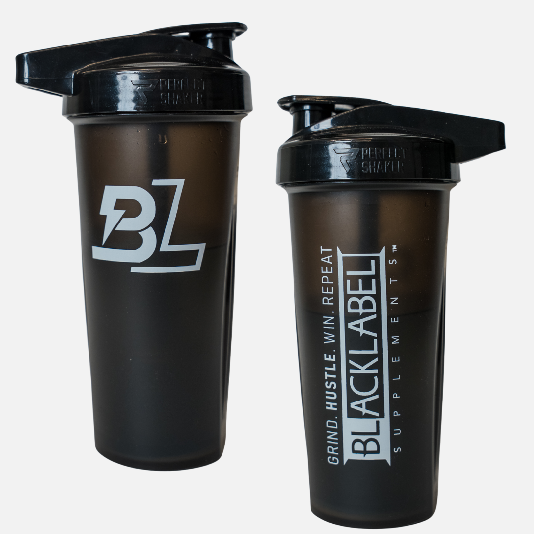 Two black shakers with 'Black Label Supplements' branding on a white background