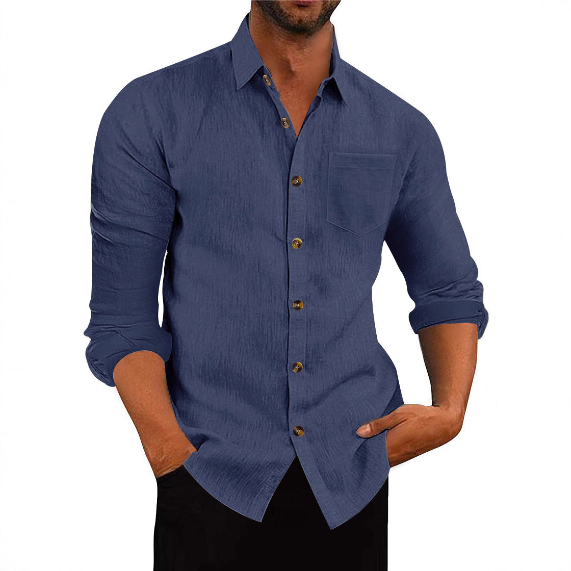Men’s Polo Collar Linen Long Sleeve Shirt - The Dock Drop