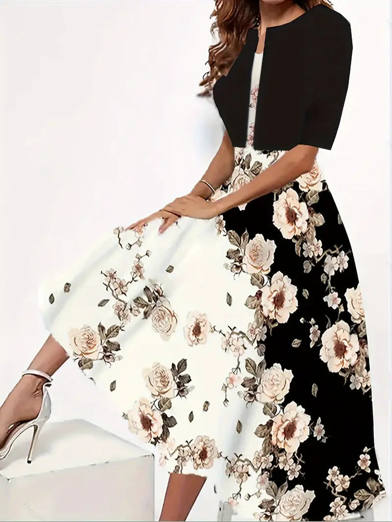 Two-Piece Floral Midi Dress Set – Sleeveless A-Line Dress + Short Sleeve Bolero (S–2XL)