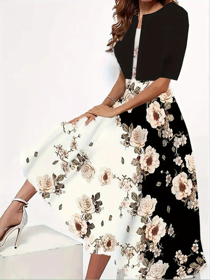 Two-Piece Floral Midi Dress Set – Sleeveless A-Line Dress + Short Sleeve Bolero (S–2XL)
