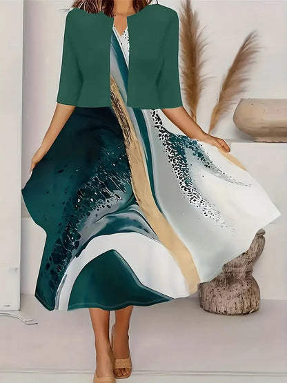 Two-Piece Floral Midi Dress Set – Sleeveless A-Line Dress + Short Sleeve Bolero (S–2XL)