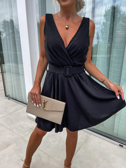 CityMuse Deep V Belted Dress - The Dock Drop