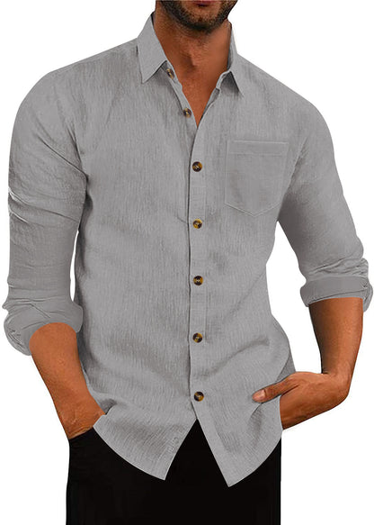 Men’s Polo Collar Linen Long Sleeve Shirt - The Dock Drop