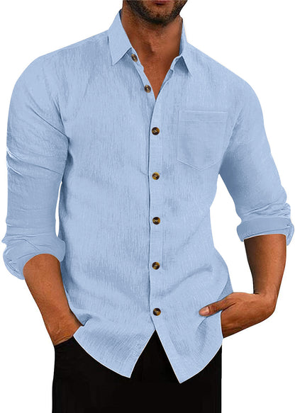 Men’s Polo Collar Linen Long Sleeve Shirt - The Dock Drop