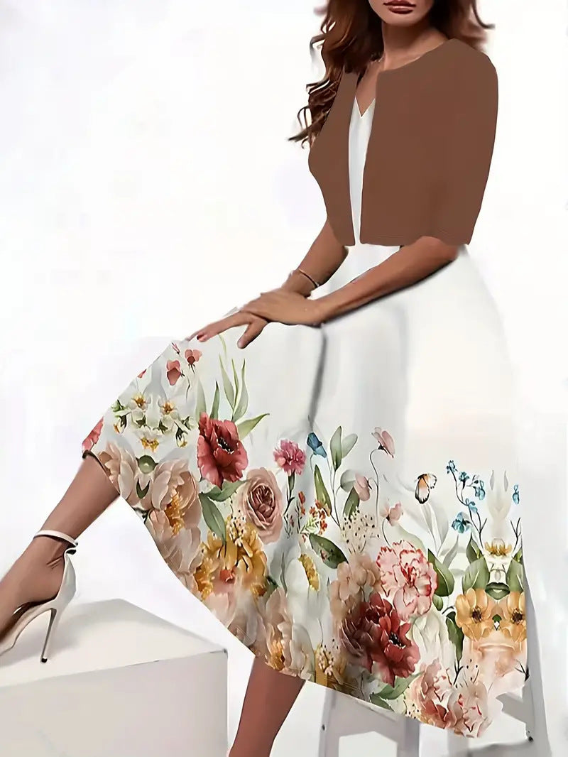 Two-Piece Floral Midi Dress Set – Sleeveless A-Line Dress + Short Sleeve Bolero (S–2XL)