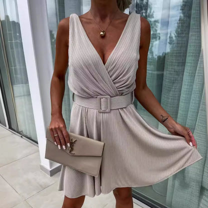 CityMuse Deep V Belted Dress - The Dock Drop