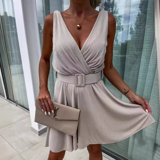 CityMuse Deep V Belted Dress - The Dock Drop