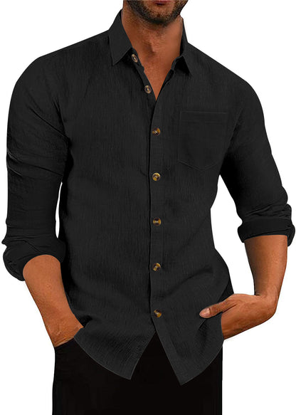 Men’s Polo Collar Linen Long Sleeve Shirt - The Dock Drop