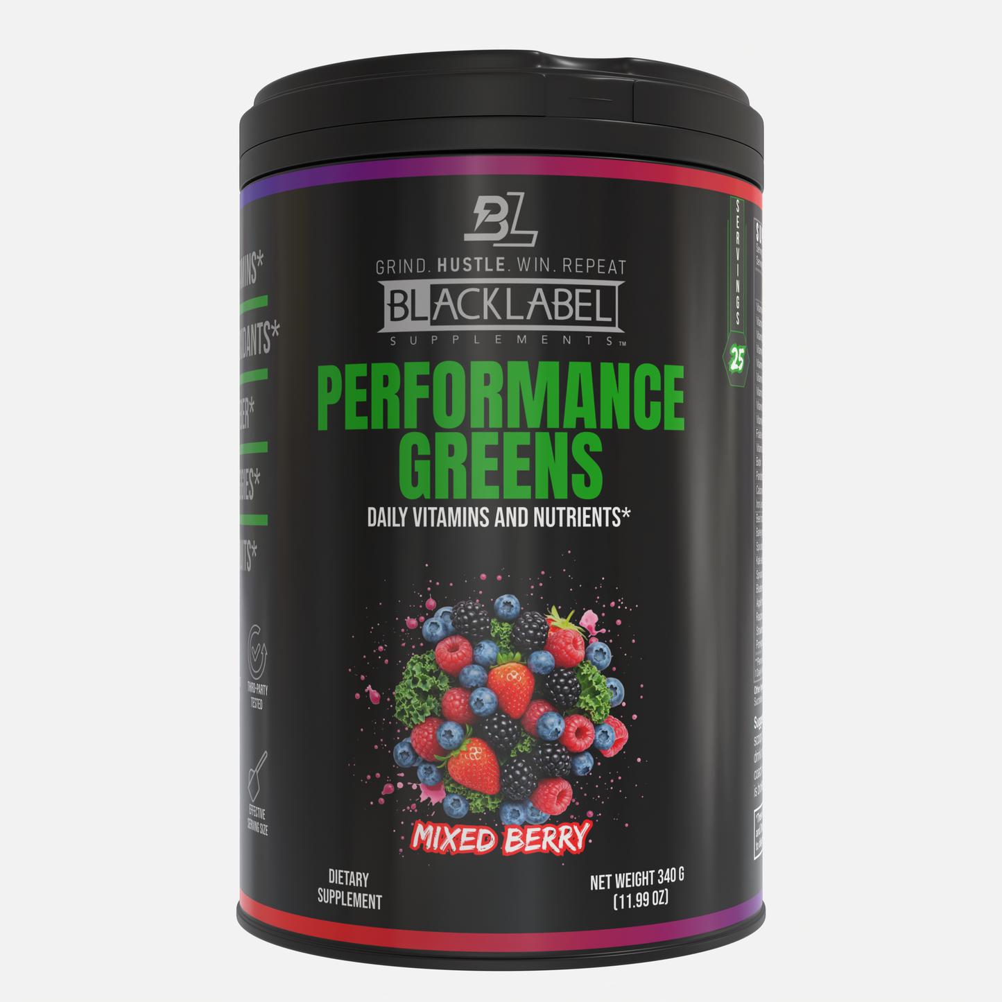 BlackLabel Supplements Performance Greens container with mixed berry flavor on a white background