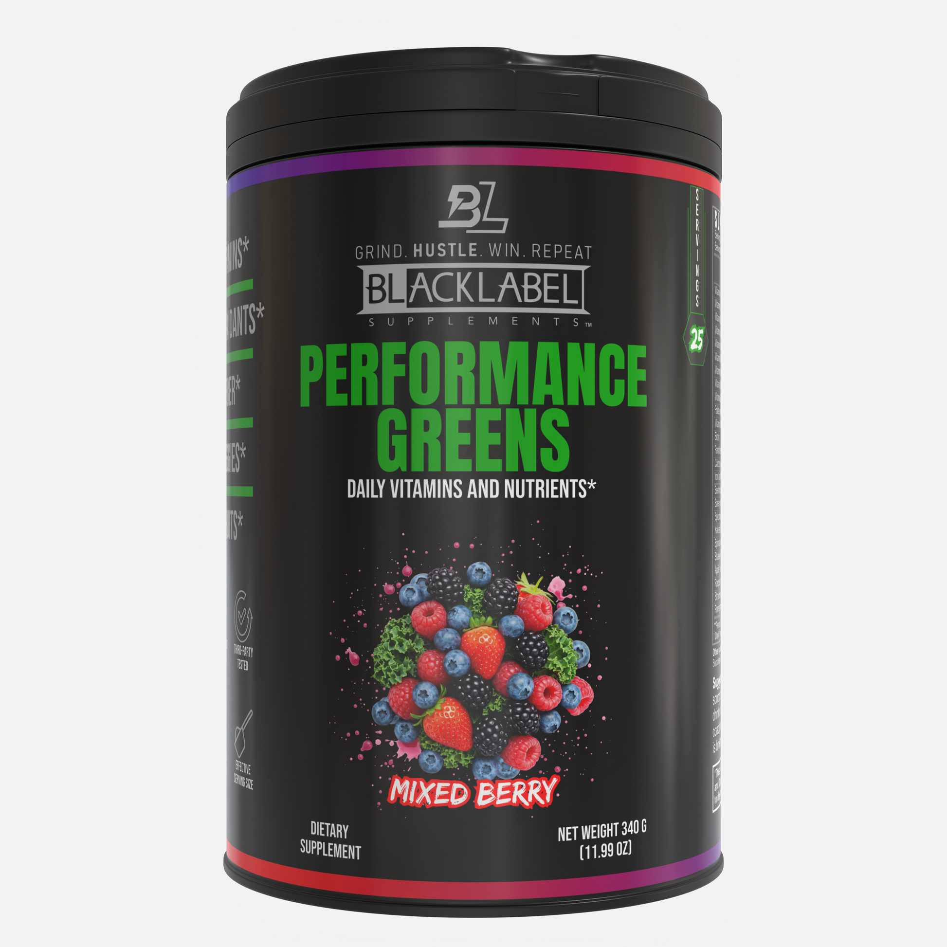 BlackLabel Supplements Performance Greens container with mixed berry flavor on a white background
