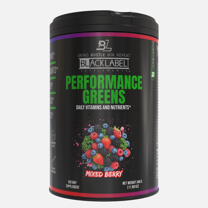 BlackLabel Supplements Performance Greens container with mixed berry flavor on a white background
