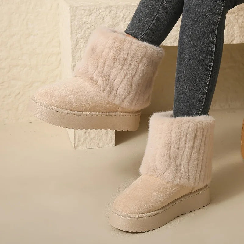 Women’s Faux Fur Slip – on Winter Boots – Warm Plush Mid – Heel Comfort – Khaki – 41