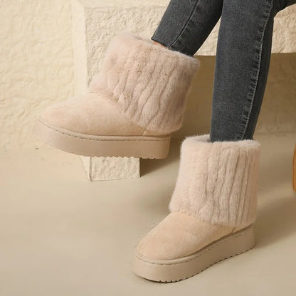 Women’s Faux Fur Slip – on Winter Boots – Warm Plush Mid – Heel Comfort – Khaki – 41