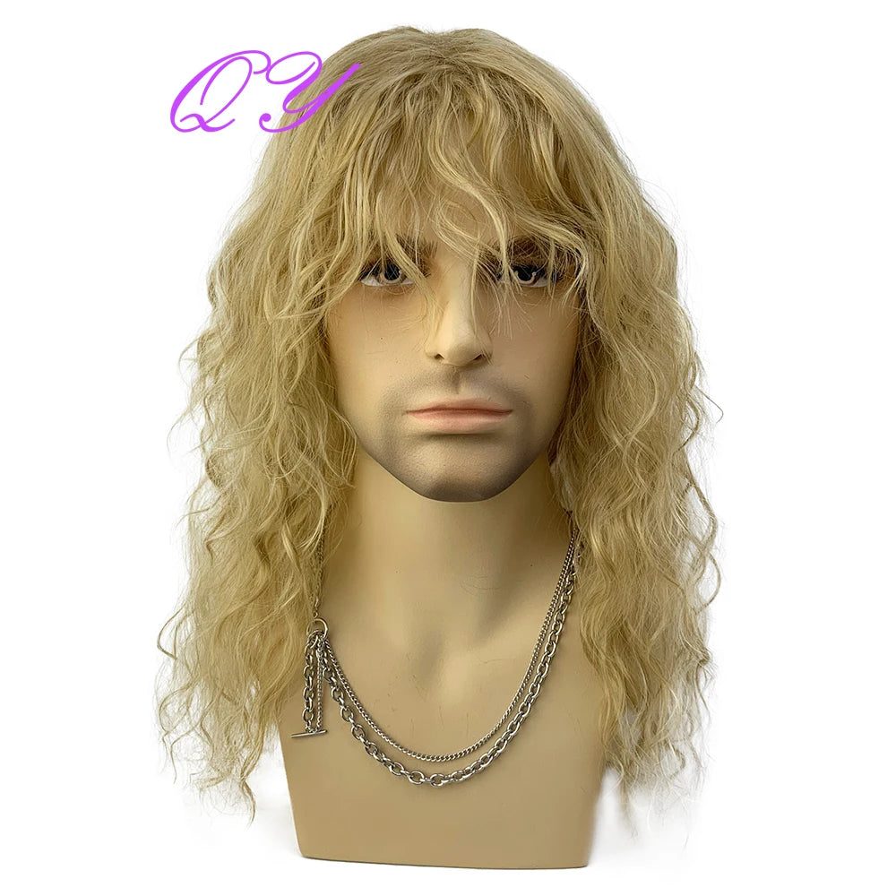 Synthetic Men Wig Natural Curly Dark Brown Color Male Wig With Bangs Water Wave Daily or Cosplay Adjustable Man Hair Wig