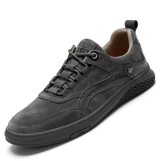 Gray suede shoe with brand name LUFUMA on a white background