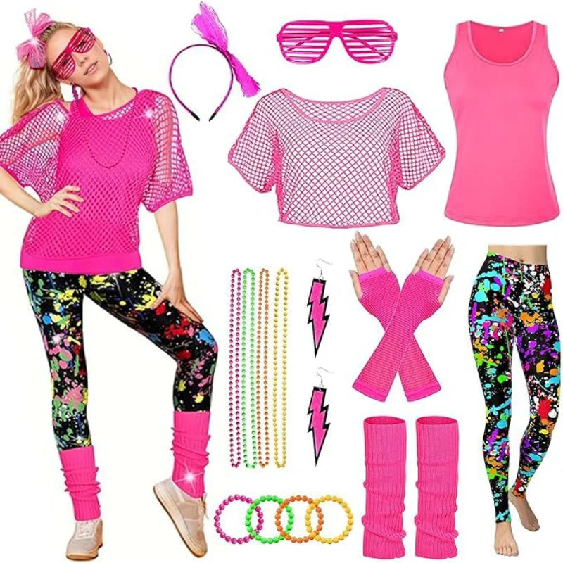 Women’s 80s Workout Outfit Set – Neon Mesh Top & Leggings – Green Leopard – L