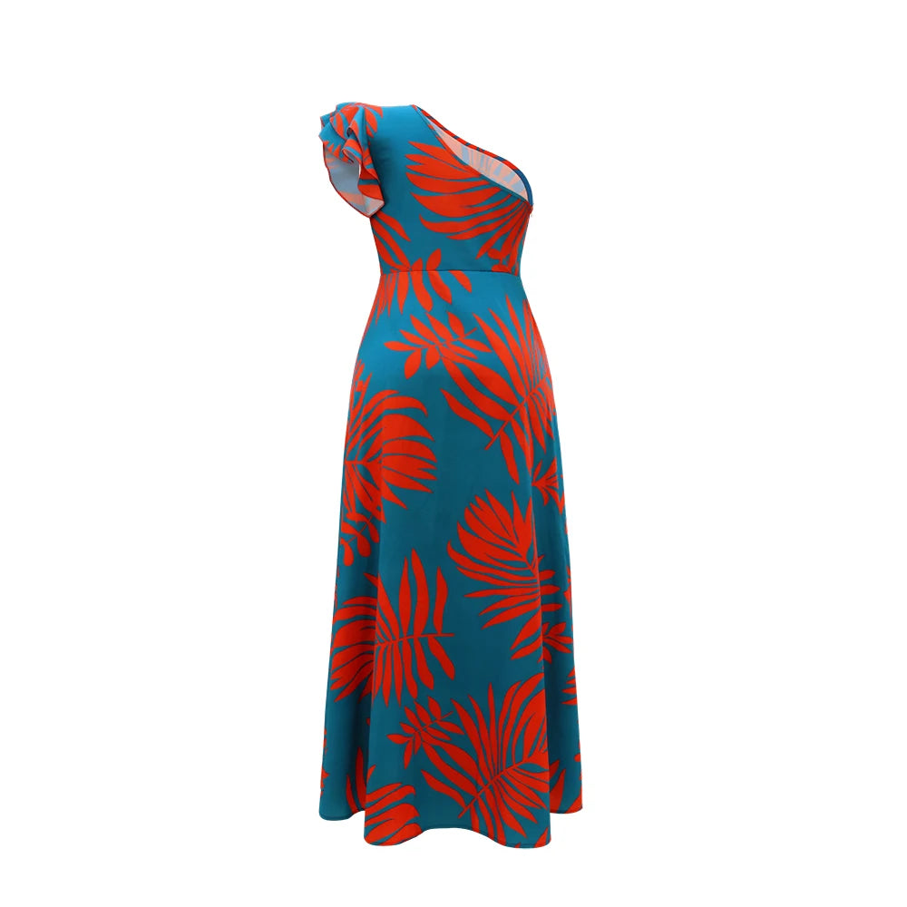 One-Shoulder Tropical Print Maxi Dress – Split Hem