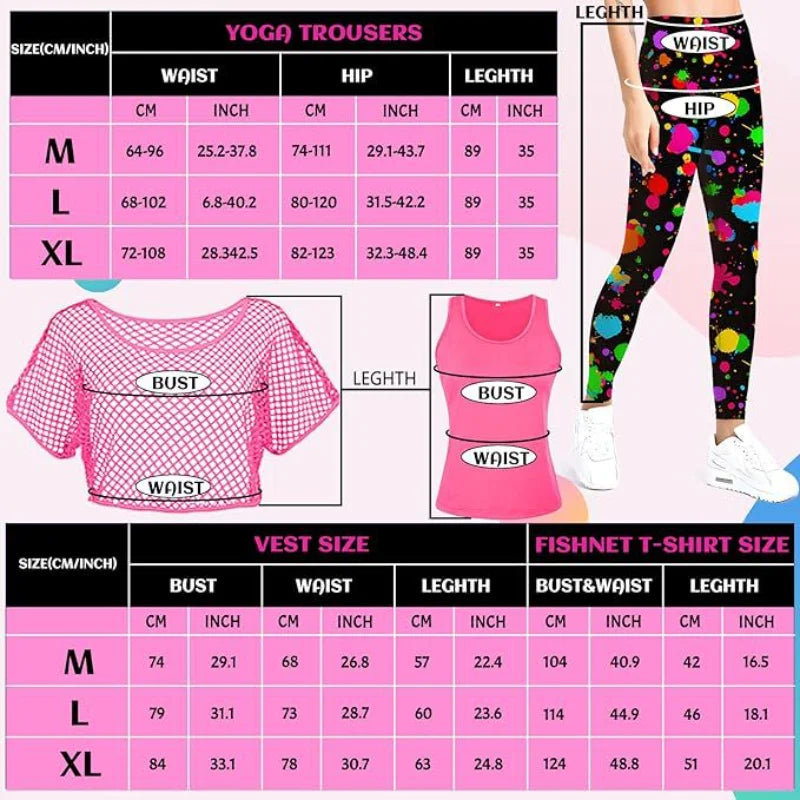 Women’s 80s Workout Outfit Set – Neon Mesh Top & Leggings – Rose Leopard – M