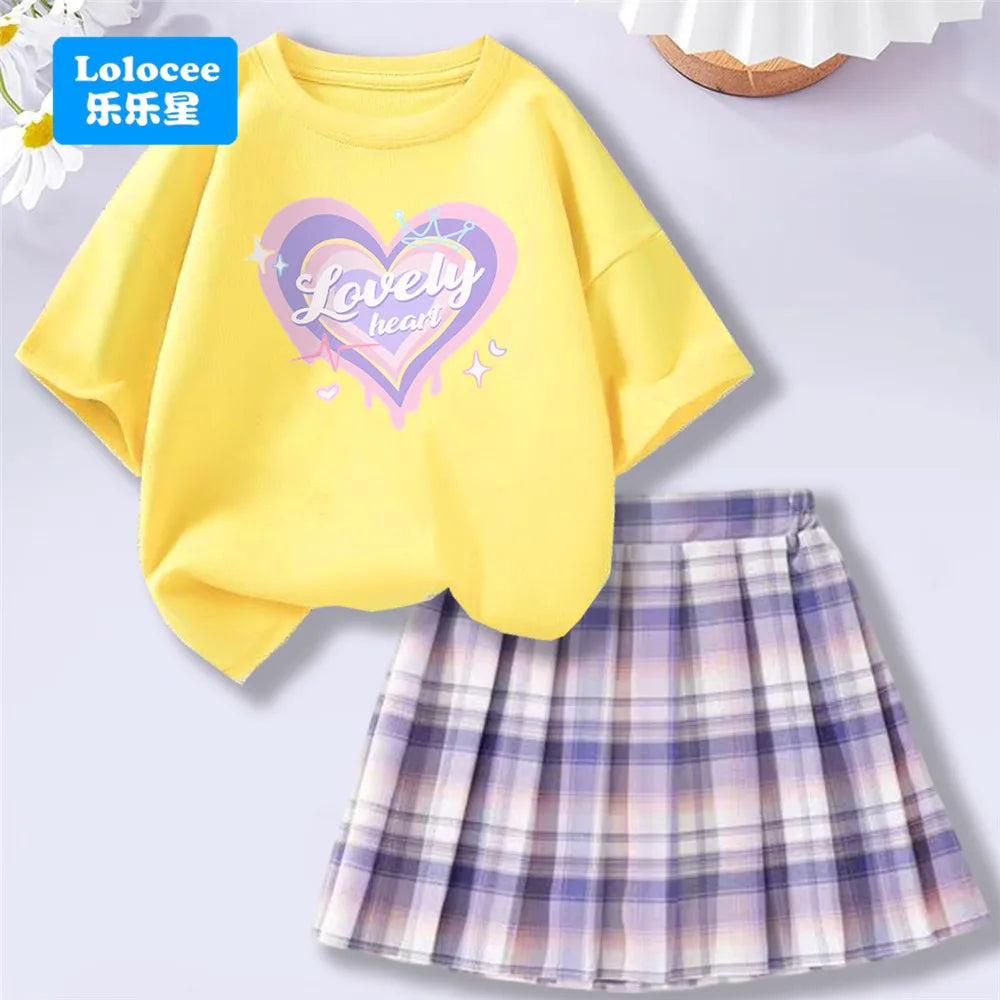 Girls’ T-Shirt & Plaid Skirt Set – 2 Piece Outfit