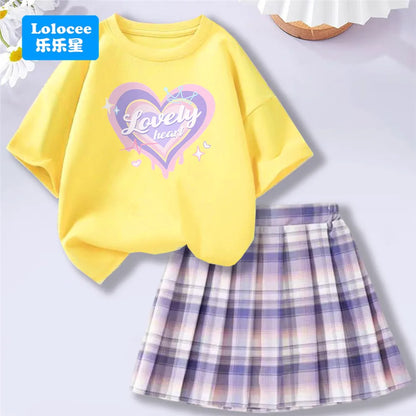 Girls’ T-Shirt & Plaid Skirt Set – 2 Piece Outfit